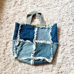 Denim Patchwork Raw Frayed Distressed Quilted Tote Bag Y2K 90s Grunge Boho Indie